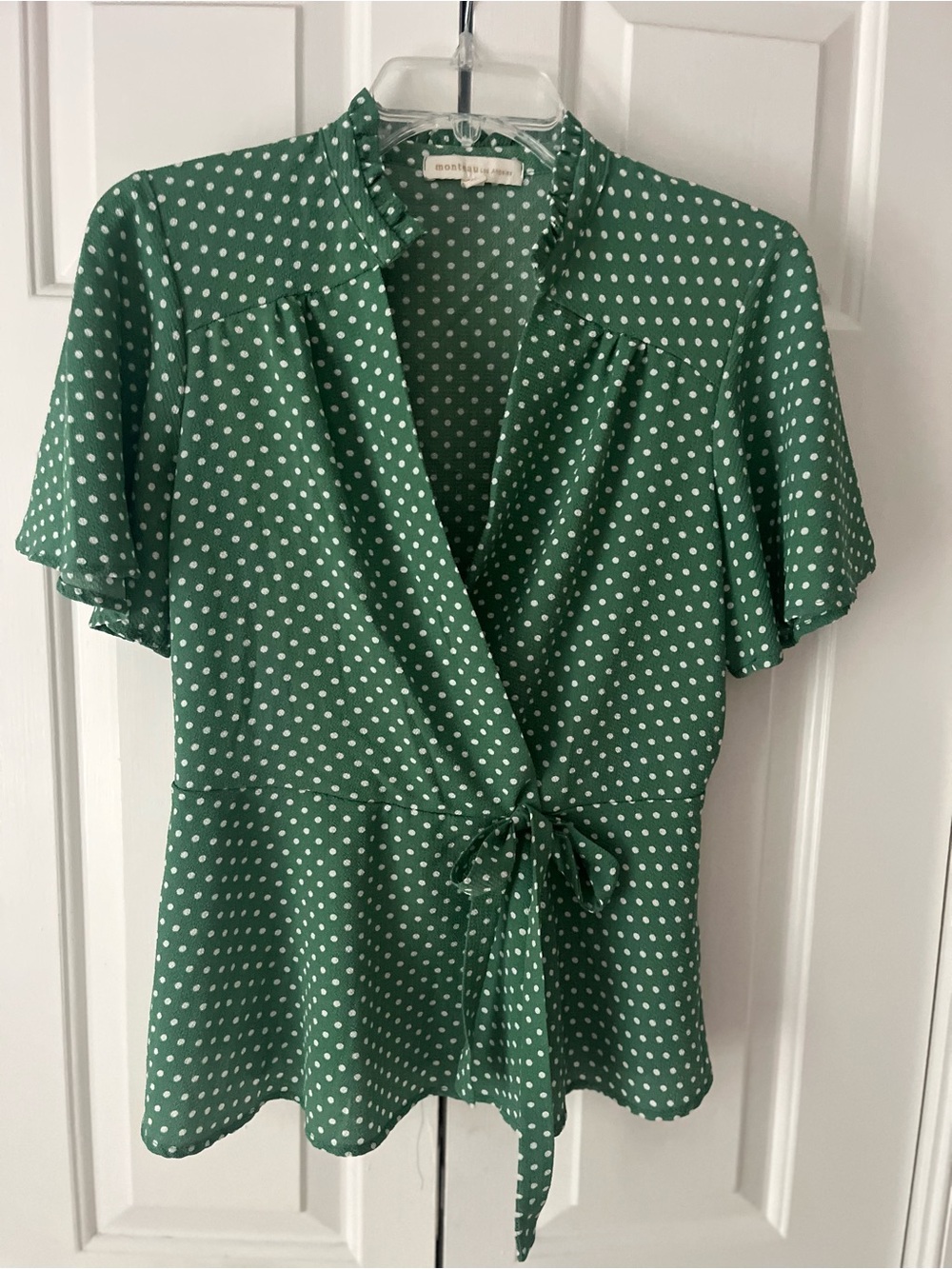 Monteau Los Angeles Green Polka Dot Faux Wrap Blouse - Classic Women's Top, XL